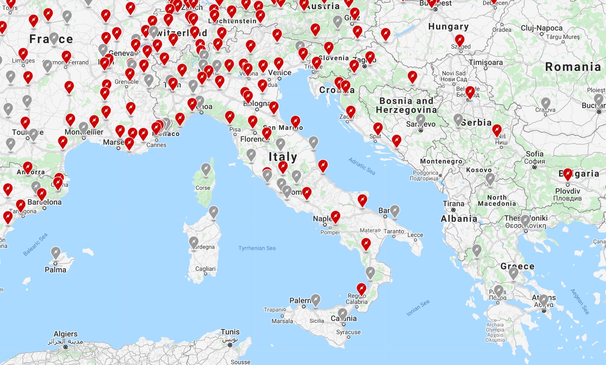 Mappa Tesla Supercharger in Italia 2020